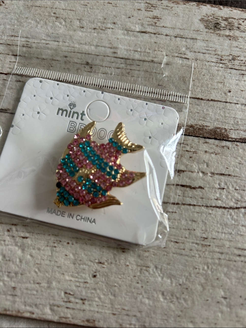 5/$25 Mint Striped Fish Rhinestone Brooch - Pink & Teal